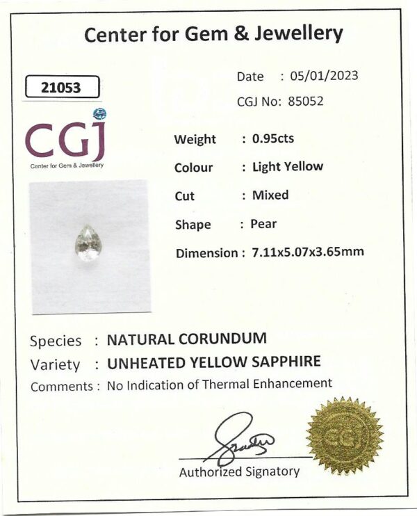 YELLOW SAPPHIRE UNHEATED 0.95 Cts NATURAL SRI LANKA LOOSE GEMSTONE - 21053 - Image 5